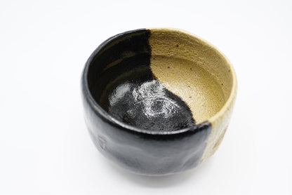 Split Black and Gold Raku Tea Bowl 'Zuiun' by Shoraku III - Two-Tone Kyoto Chawan