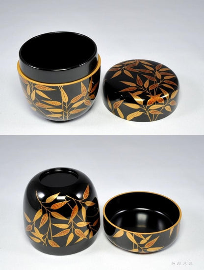 Nakamura Souin Tsuyu-Zasa Maki-e Chu-Natsume Tea Caddy — Gold Dew on Bamboo Grass, Signed Box