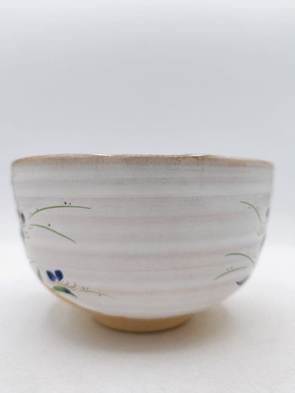 Haiyu Tsuyukusa-e Chawan by Nakamura Ryoji — Ash Glaze Tea Bowl with Dayflower Painting