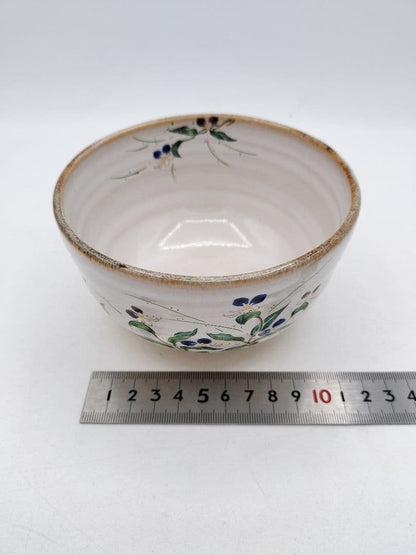 Haiyu Tsuyukusa-e Chawan by Nakamura Ryoji — Ash Glaze Tea Bowl with Dayflower Painting