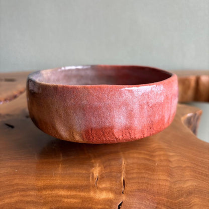 Aka Raku Bataraichawan by Yoshimura Rakunyu, Kyoto Raku-yaki Summer Matcha Bowl, Horse-Trough Form, Signed Tomobako