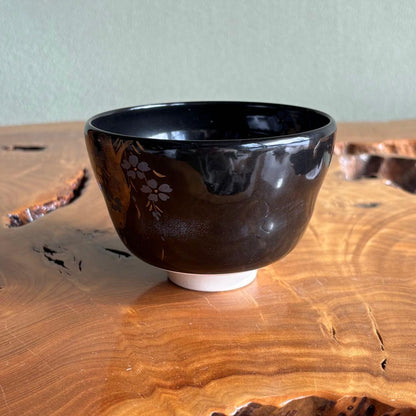 Yagi Kaiho Weeping Cherry Matcha Bowl — Gold Silver Blue on Black, Kyoto