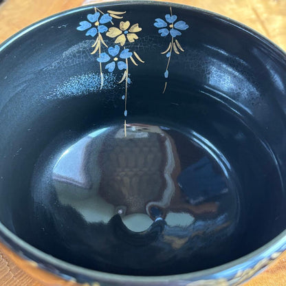 Yagi Kaiho Weeping Cherry Matcha Bowl — Gold Silver Blue on Black, Kyoto