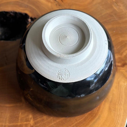 Yagi Kaiho Weeping Cherry Matcha Bowl — Gold Silver Blue on Black, Kyoto