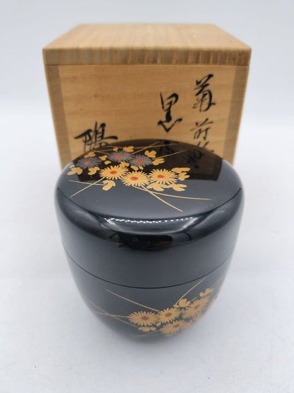 Black Lacquer Natsume by Okamoto Yosai – Chrysanthemum Makie – Japan Art