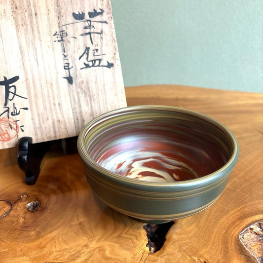 Tokoname Nerikomi Marbled Clay Tea Bowl by Yusen - Layered Earth Matcha Chawan