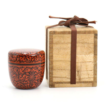Morishige Workshop Kinma Natsume Sanuki Lacquer Carved Floral Tea Caddy Burmese Style Tomobako