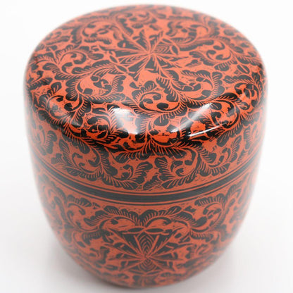 Morishige Workshop Kinma Natsume Sanuki Lacquer Carved Floral Tea Caddy Burmese Style Tomobako