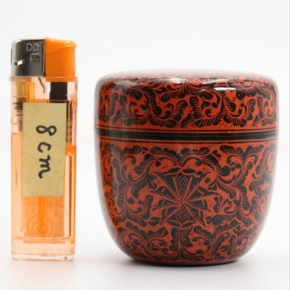 Morishige Workshop Kinma Natsume Sanuki Lacquer Carved Floral Tea Caddy Burmese Style Tomobako