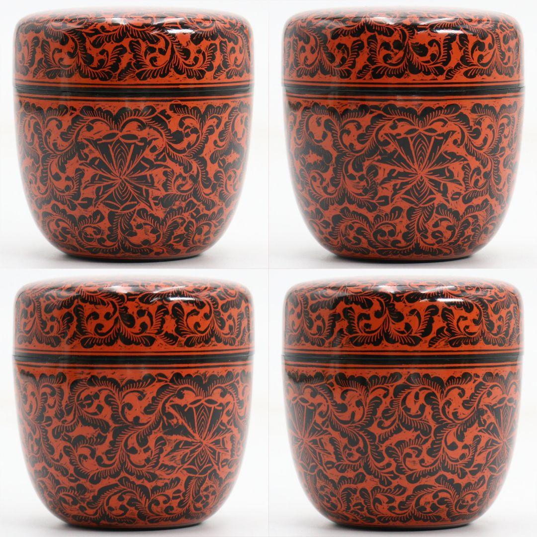 Morishige Workshop Kinma Natsume Sanuki Lacquer Carved Floral Tea Caddy Burmese Style Tomobako
