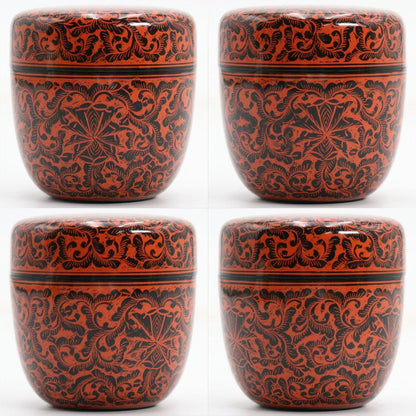 Morishige Workshop Kinma Natsume Sanuki Lacquer Carved Floral Tea Caddy Burmese Style Tomobako