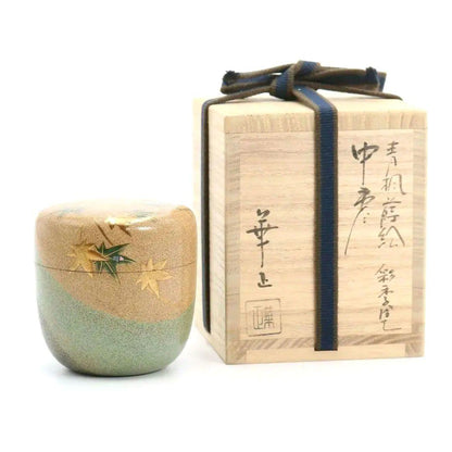 Green Maple Maki-e Tea Caddy by Yoshida Kasei - Saiki-nuri Natsume with Zen Master Inscription