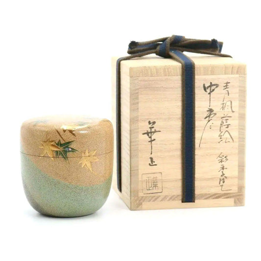 Green Maple Maki-e Tea Caddy by Yoshida Kasei - Saiki-nuri Natsume with Zen Master Inscription