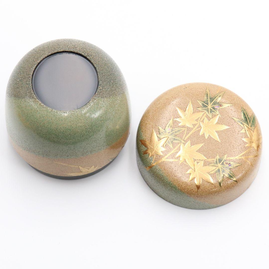 Green Maple Maki-e Tea Caddy by Yoshida Kasei - Saiki-nuri Natsume with Zen Master Inscription