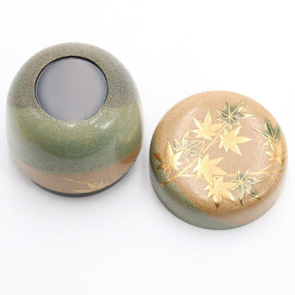 Green Maple Maki-e Tea Caddy by Yoshida Kasei - Saiki-nuri Natsume with Zen Master Inscription