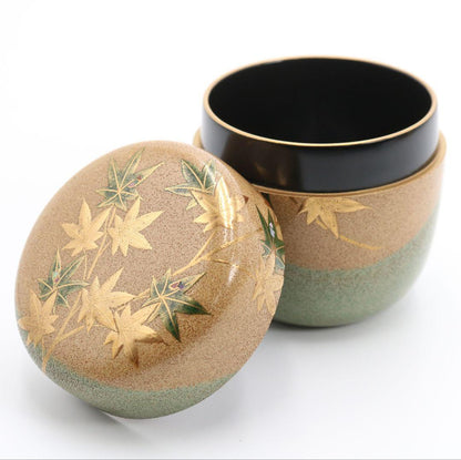 Green Maple Maki-e Tea Caddy by Yoshida Kasei - Saiki-nuri Natsume with Zen Master Inscription