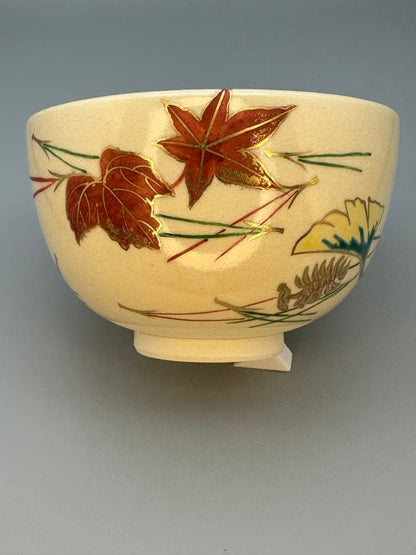 Fukiyose Autumn Leaves Tea Bowl by Juho Kiln — Ninsei-Style Kyo-yaki Chawan with Tomobako
