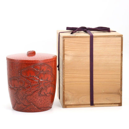 Kamakura Carving Water Jar by Adachi Sagaku – Japanese Mizusashi – Pine Motif – Japan