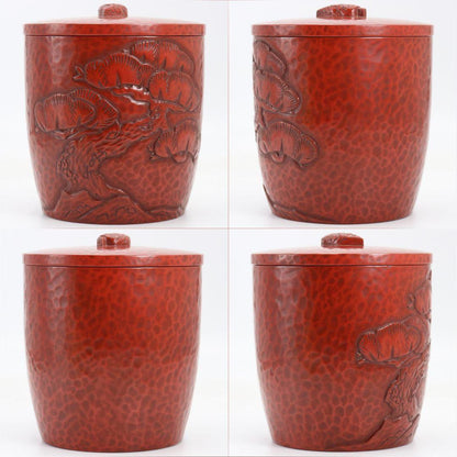 Kamakura Carving Water Jar by Adachi Sagaku – Japanese Mizusashi – Pine Motif – Japan