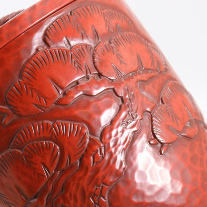 Kamakura Carving Water Jar by Adachi Sagaku – Japanese Mizusashi – Pine Motif – Japan
