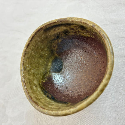 Tokoname Ash Glaze Guinomi — Olive Green over Terracotta by Tanikawa Jin