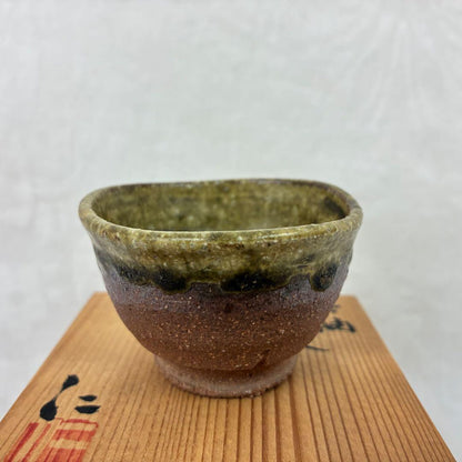 Tokoname Ash Glaze Guinomi — Olive Green over Terracotta by Tanikawa Jin