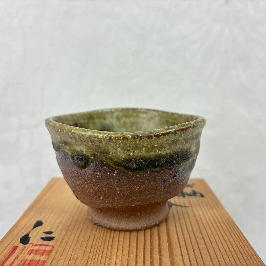 Tokoname Ash Glaze Guinomi — Olive Green over Terracotta by Tanikawa Jin