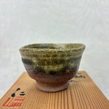 Tokoname Ash Glaze Guinomi — Olive Green over Terracotta by Tanikawa Jin
