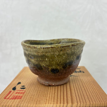 Tokoname Ash Glaze Guinomi — Olive Green over Terracotta by Tanikawa Jin