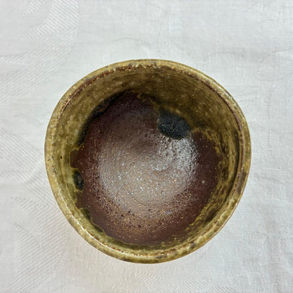 Tokoname Ash Glaze Guinomi — Olive Green over Terracotta by Tanikawa Jin