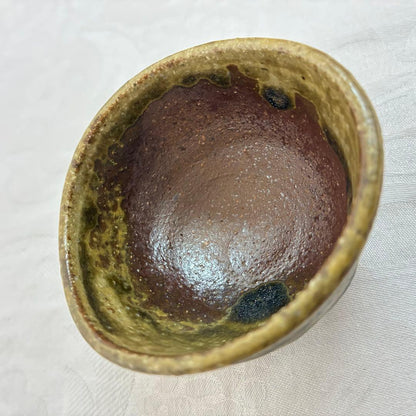 Tokoname Ash Glaze Guinomi — Olive Green over Terracotta by Tanikawa Jin