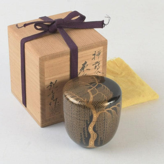 Wajima Lacquer Natsume Tea Caddy with Willow Maki-e by Okazawa Kiko — Signed Tomobako