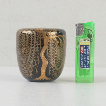 Wajima Lacquer Natsume Tea Caddy with Willow Maki-e by Okazawa Kiko — Signed Tomobako