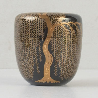 Wajima Lacquer Natsume Tea Caddy with Willow Maki-e by Okazawa Kiko — Signed Tomobako