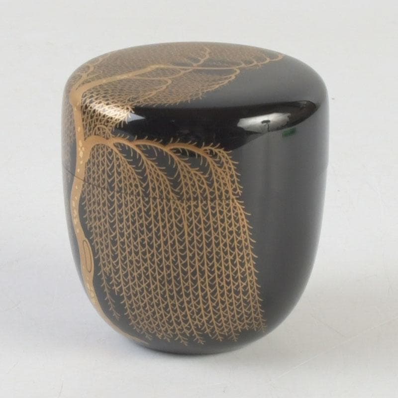 Wajima Lacquer Natsume Tea Caddy with Willow Maki-e by Okazawa Kiko — Signed Tomobako