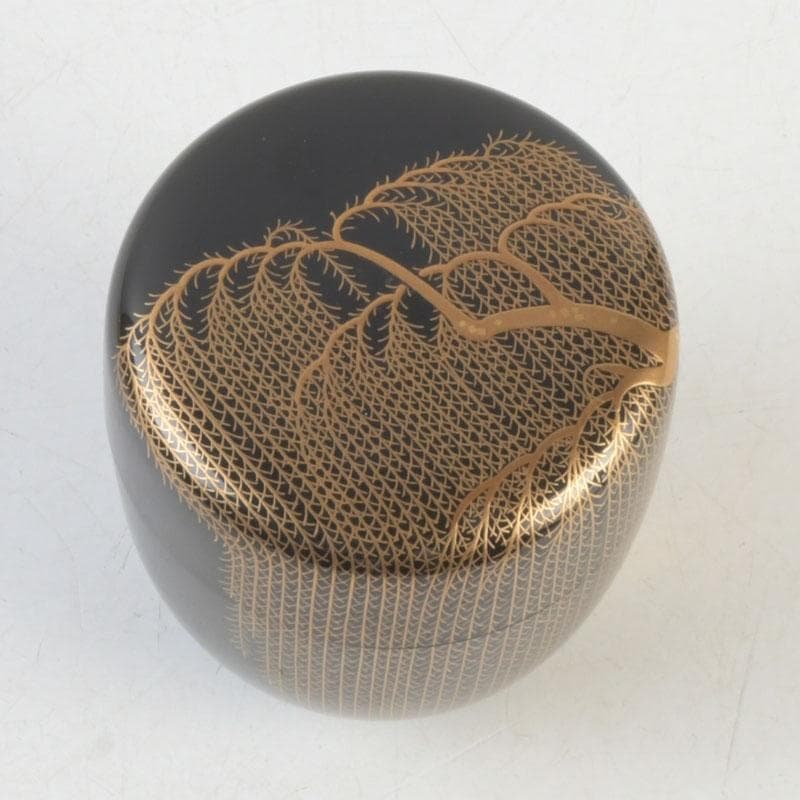 Wajima Lacquer Natsume Tea Caddy with Willow Maki-e by Okazawa Kiko — Signed Tomobako
