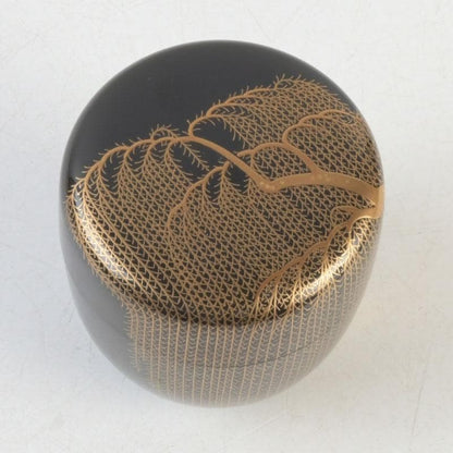 Wajima Lacquer Natsume Tea Caddy with Willow Maki-e by Okazawa Kiko — Signed Tomobako
