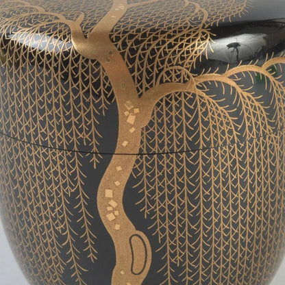 Wajima Lacquer Natsume Tea Caddy with Willow Maki-e by Okazawa Kiko — Signed Tomobako