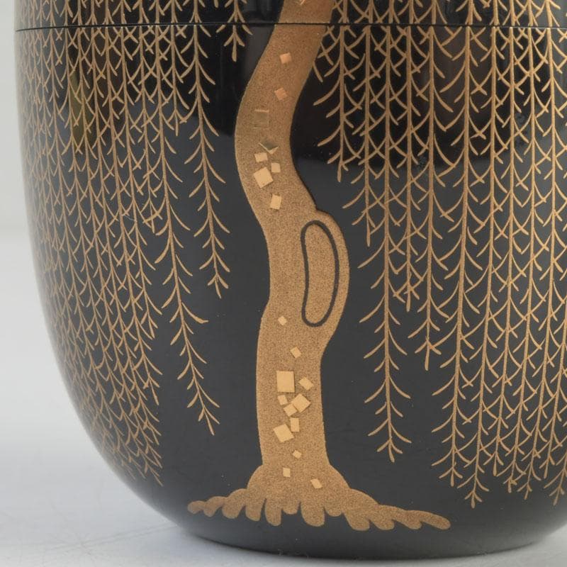 Wajima Lacquer Natsume Tea Caddy with Willow Maki-e by Okazawa Kiko — Signed Tomobako
