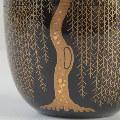 Wajima Lacquer Natsume Tea Caddy with Willow Maki-e by Okazawa Kiko — Signed Tomobako