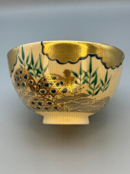 Kuse Kyūhō Tea Bowl — Stream Motif, Golden Clouds, Bamboo, Kyoto Overglaze Enamel