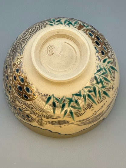 Kuse Kyūhō Tea Bowl — Stream Motif, Golden Clouds, Bamboo, Kyoto Overglaze Enamel