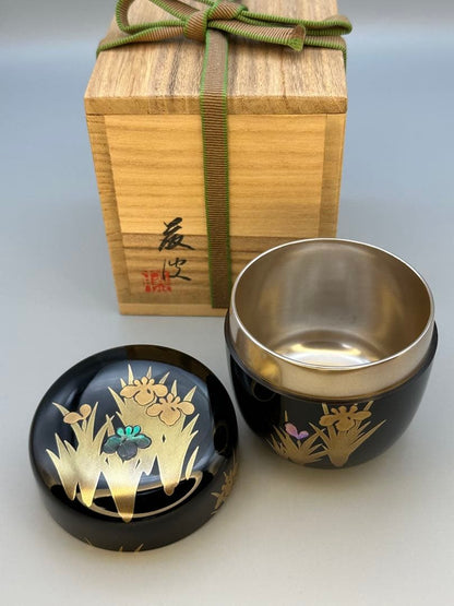 Suzuya Fujinami Iris Shobu Maki-e Natsume Gold Lacquer Tea Caddy with Raden Mother of Pearl Tomobako
