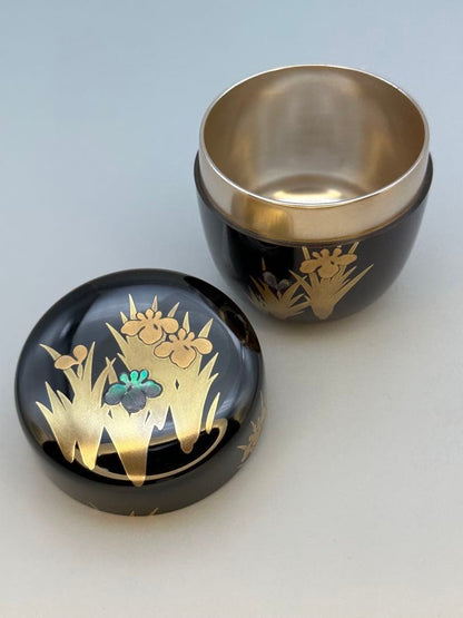Suzuya Fujinami Iris Shobu Maki-e Natsume Gold Lacquer Tea Caddy with Raden Mother of Pearl Tomobako