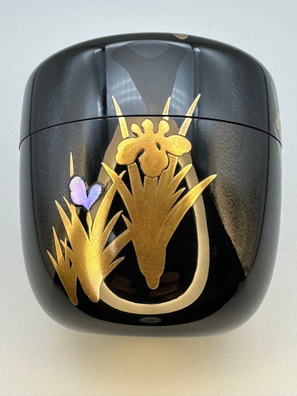 Suzuya Fujinami Iris Shobu Maki-e Natsume Gold Lacquer Tea Caddy with Raden Mother of Pearl Tomobako