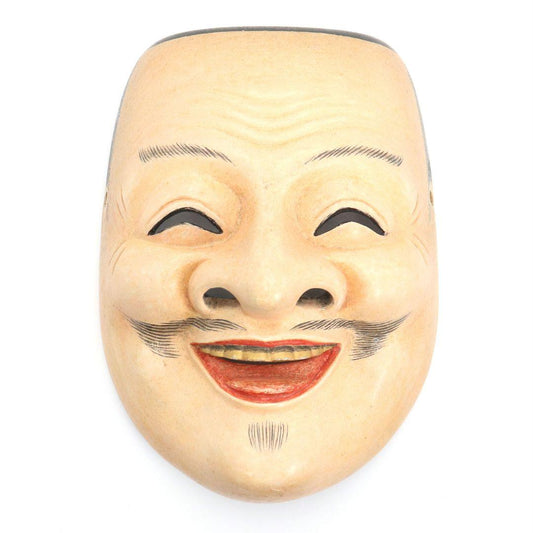 Kyōgen Ebisu Mask — Polychrome Wood Carving, Traditional Japanese Noh Theatre