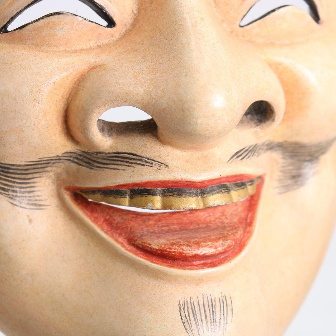 Kyōgen Ebisu Mask — Polychrome Wood Carving, Traditional Japanese Noh Theatre