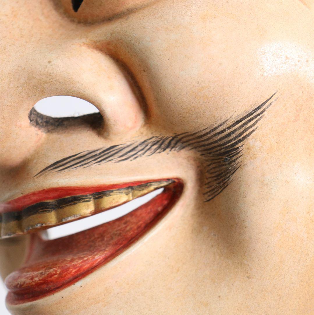 Kyōgen Ebisu Mask — Polychrome Wood Carving, Traditional Japanese Noh Theatre