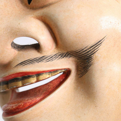 Kyōgen Ebisu Mask — Polychrome Wood Carving, Traditional Japanese Noh Theatre