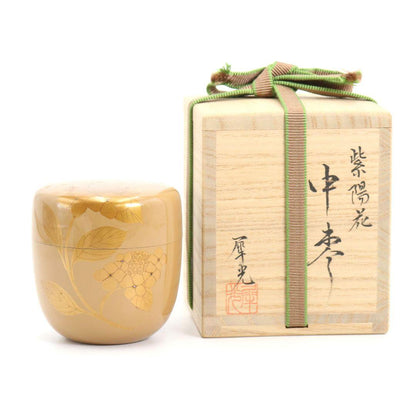 Hydrangea Ajisai Maki-e Chu-Natsume White Lacquer Tea Caddy by Takada Saiko